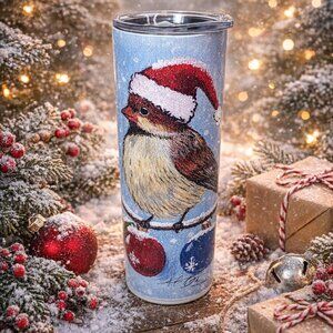 Christmas Bird Chickadee 20 oz Skinny Tumbler | Holiday Drinkware by Angie Bryan